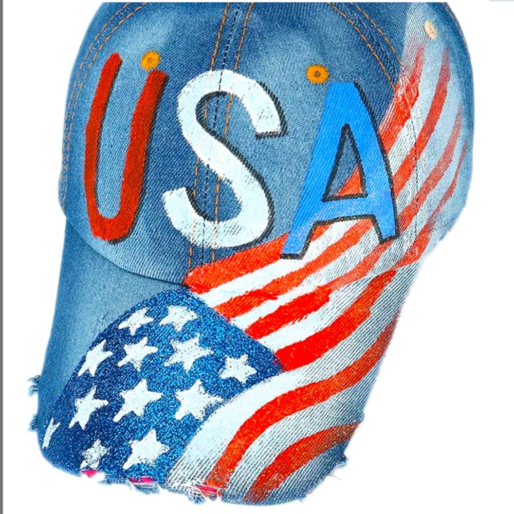 Painted US Flag Denim Ball Cap